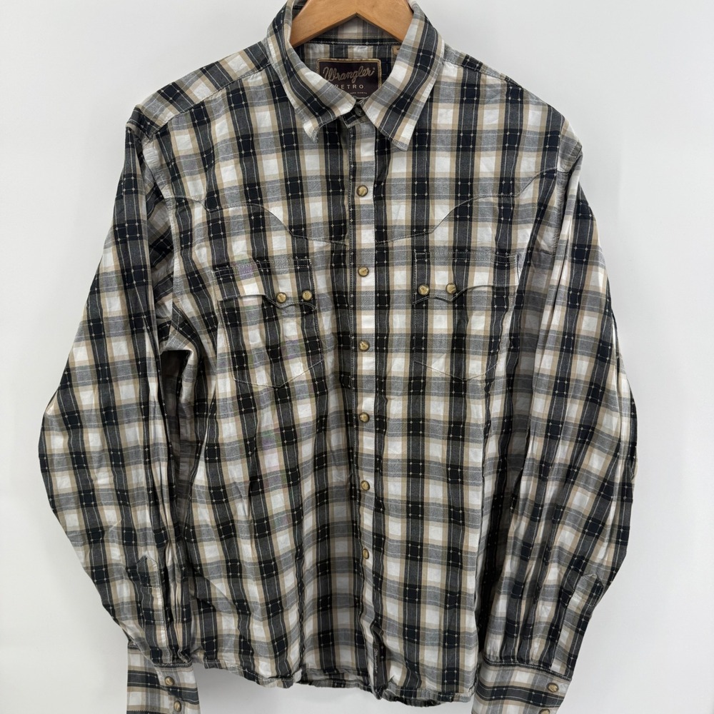 Wrangler Retro Mens Large Plaid Western PearlSnap Shirt Tan Black MVR044L